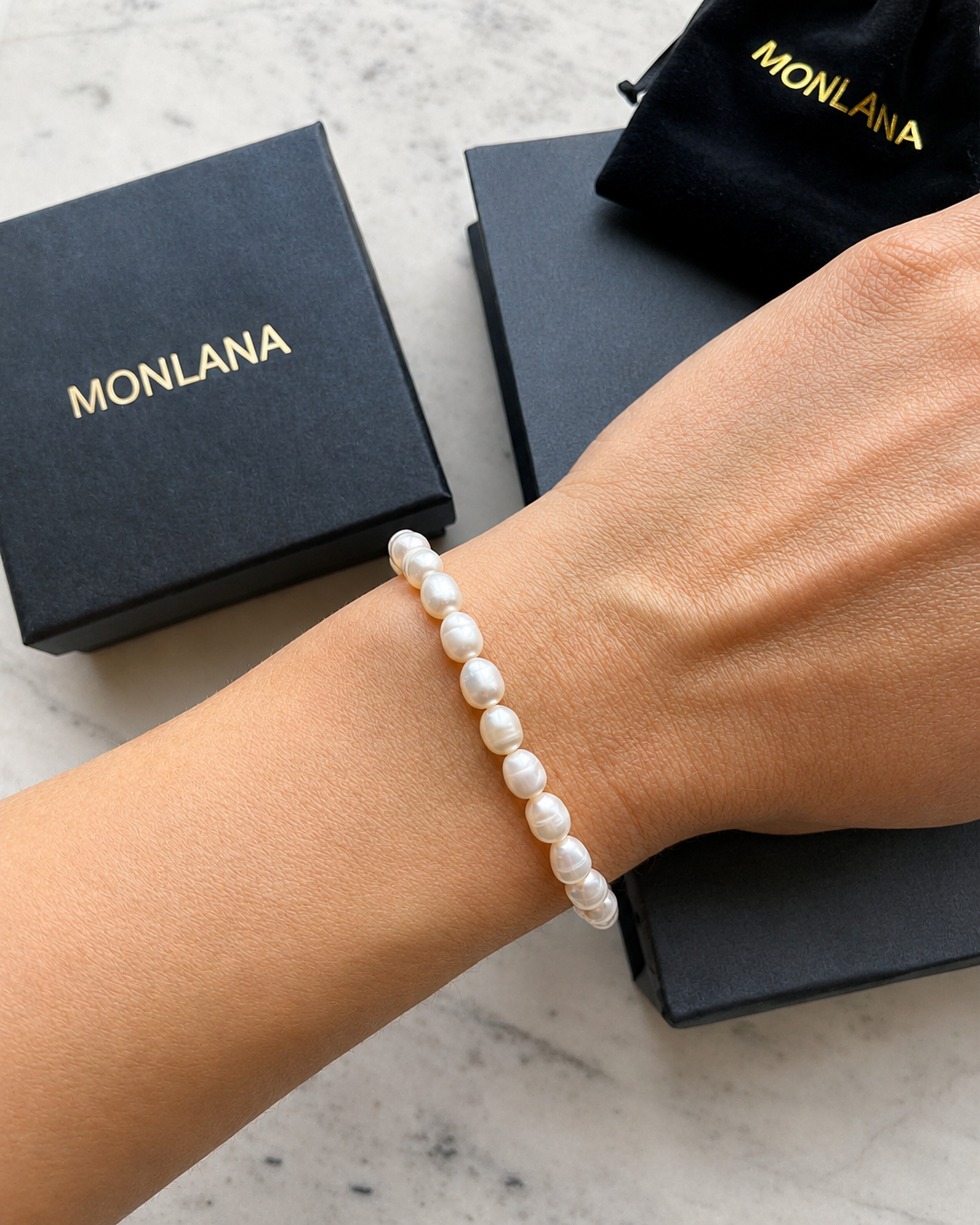 MONLANA Portofino Natural Pearl Bracelet worn on a woman's wrist