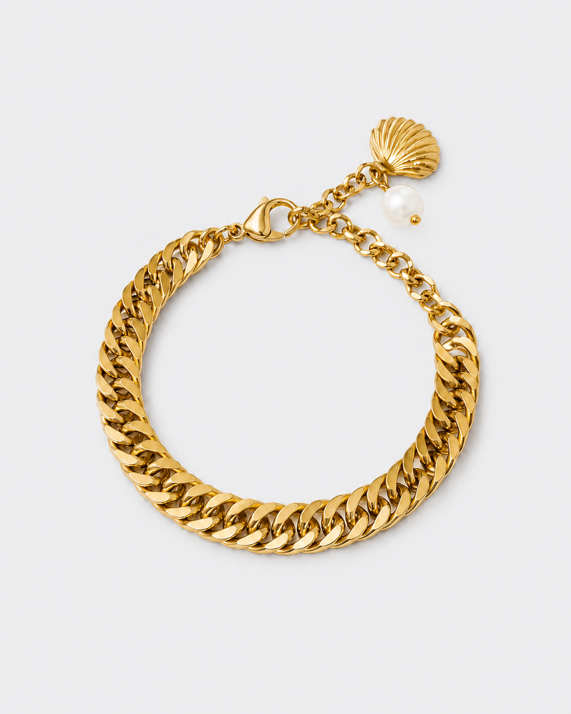 MONLANA Riviera Shell & Pearl Cuban Bracelet in gold