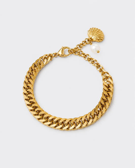 MONLANA Riviera Shell & Pearl Cuban Bracelet in gold