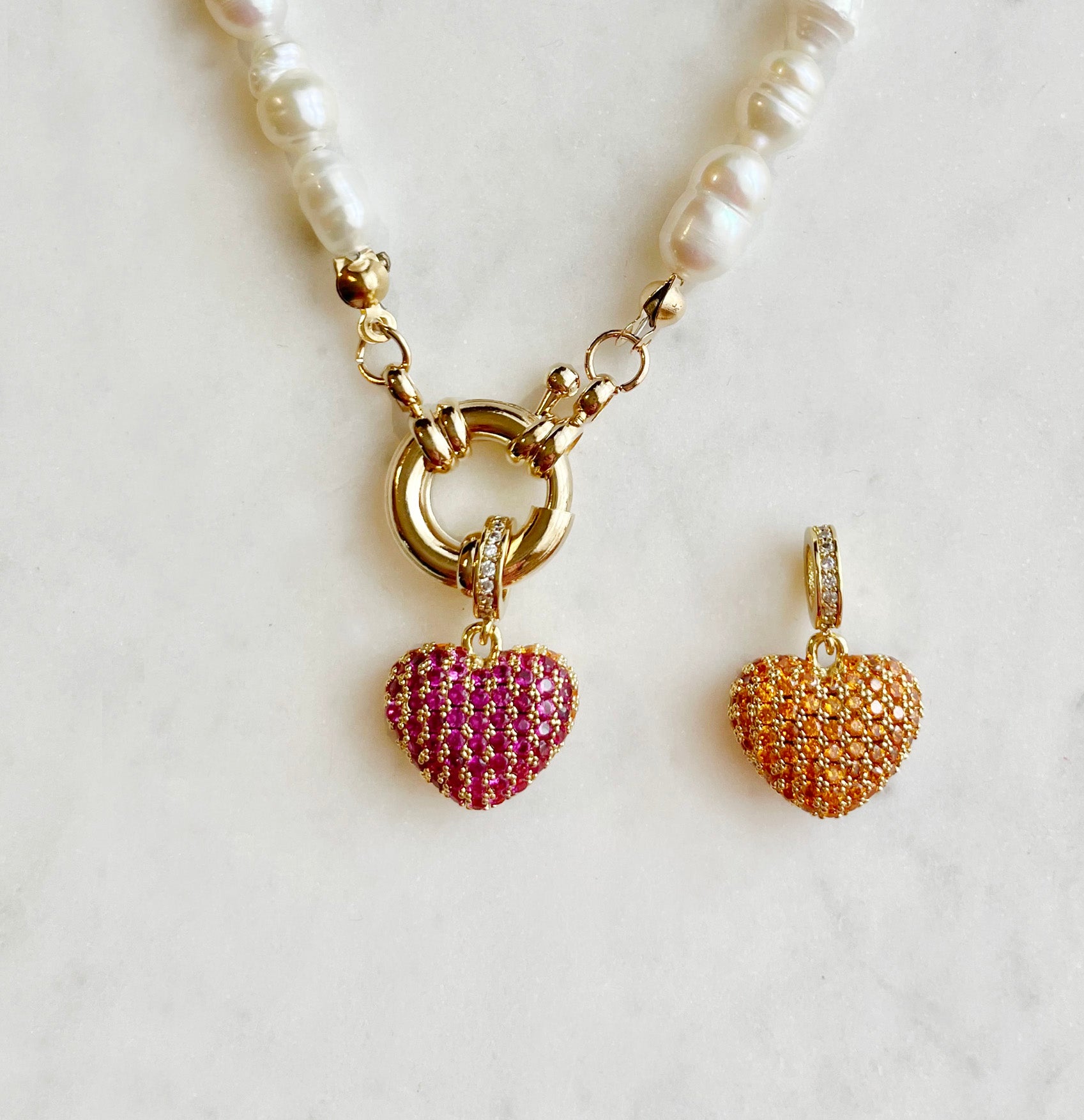 Natural Pearl with Shiny Heart Necklace - Double sided