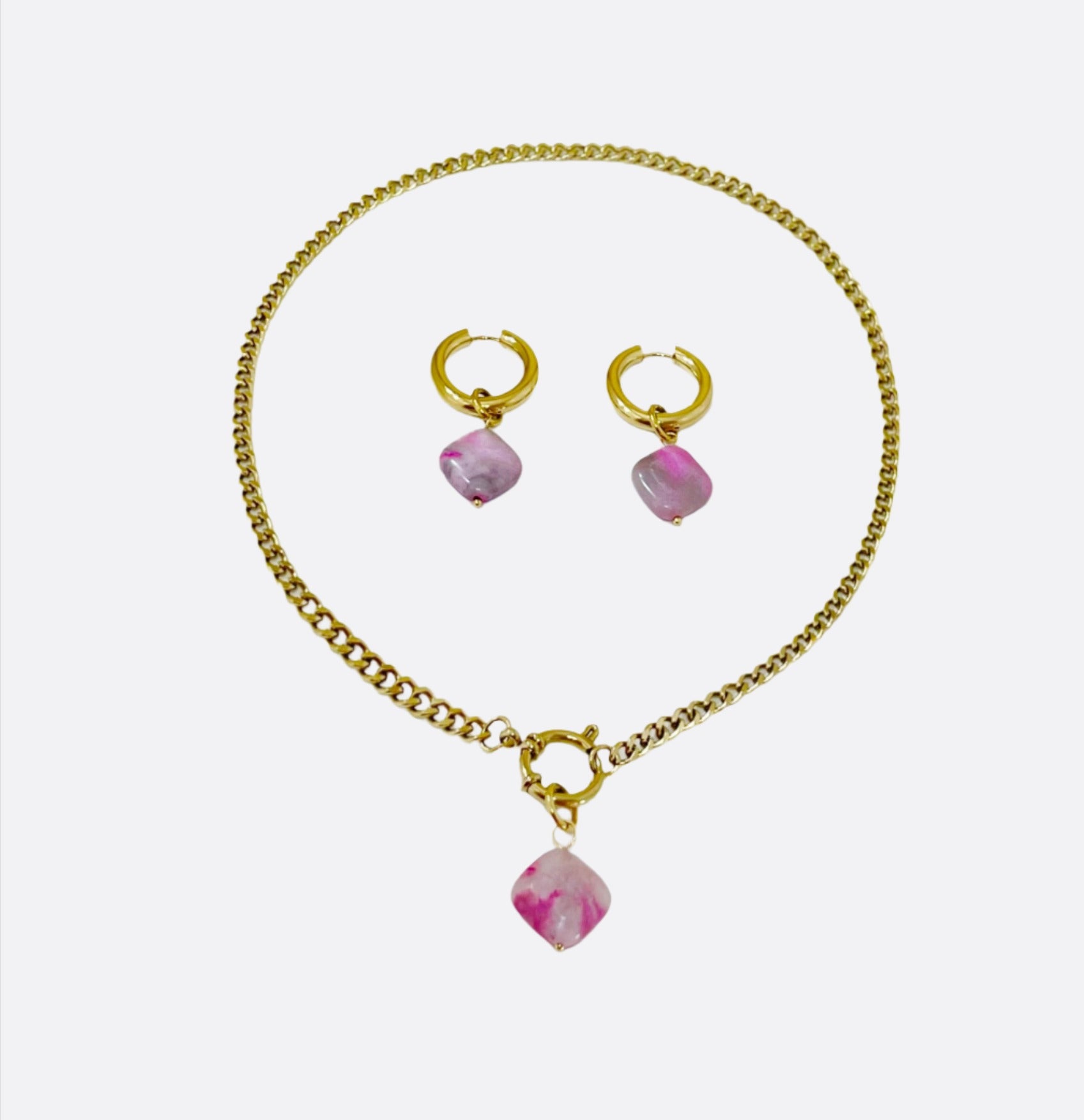 Pink Stone Set Necklace & Earrings