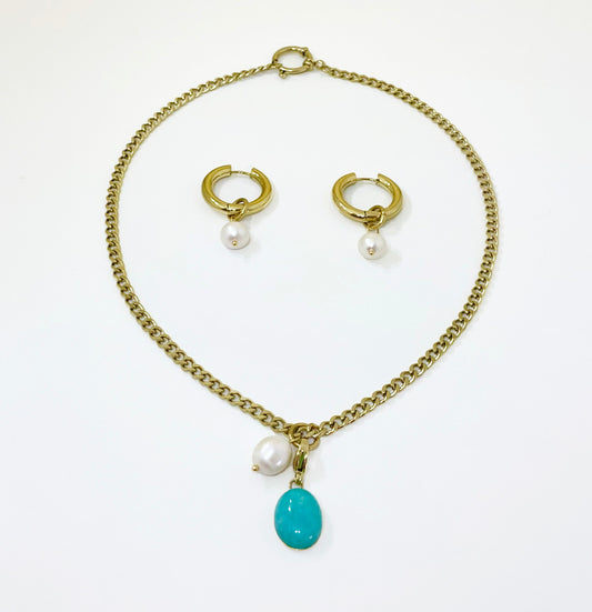 Turquoise Stone & Natural Pearl Set